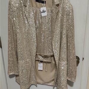 Primark cream/champagne Embellished Jacket/midi skirt set NWT women’s size US 10